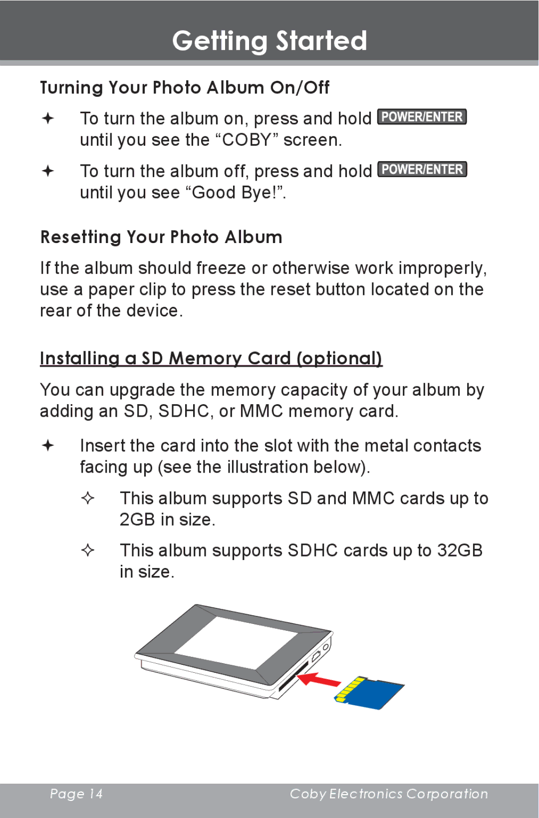 COBY electronic DP-240 Turning Your Photo Album On/Off, Resetting Your Photo Album, Installing a SD Memory Card optional 