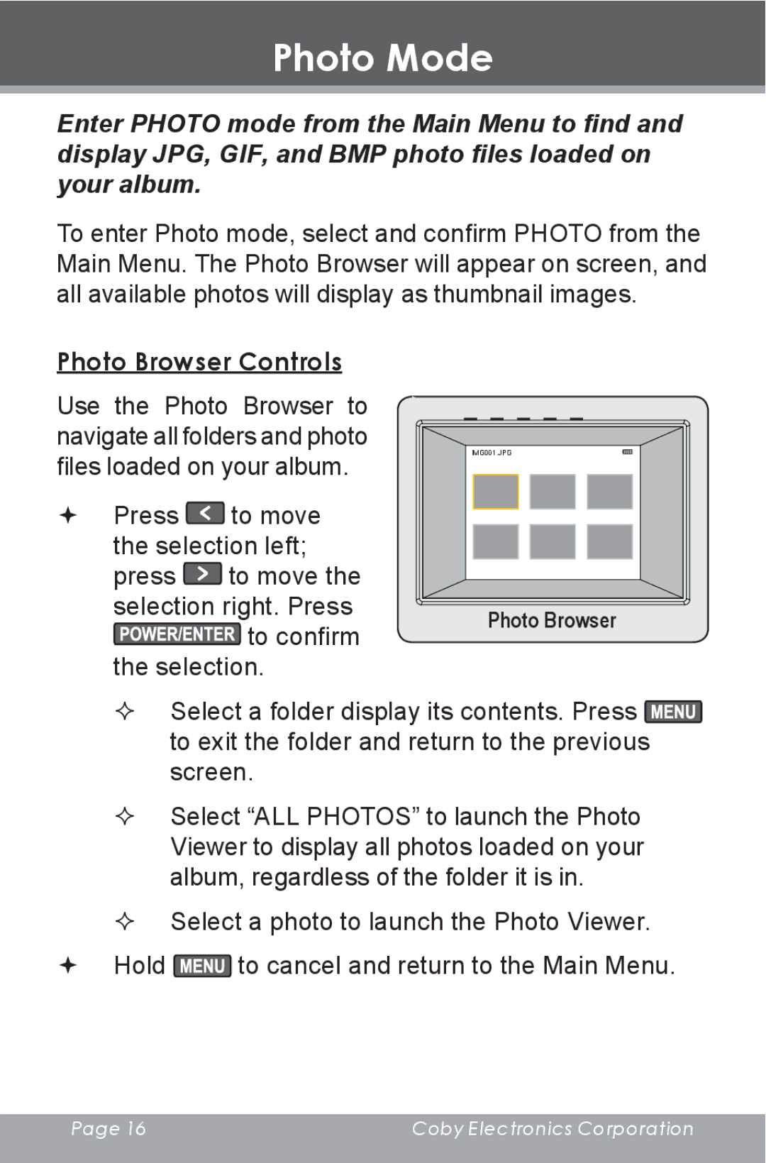 COBY electronic DP-240 instruction manual Photo Mode, Photo Browser Controls 