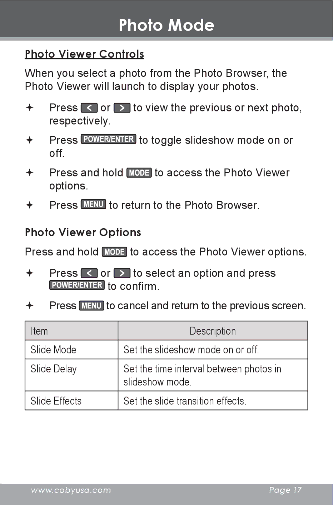 COBY electronic DP-240 instruction manual Photo Viewer Controls, Photo Viewer Options 