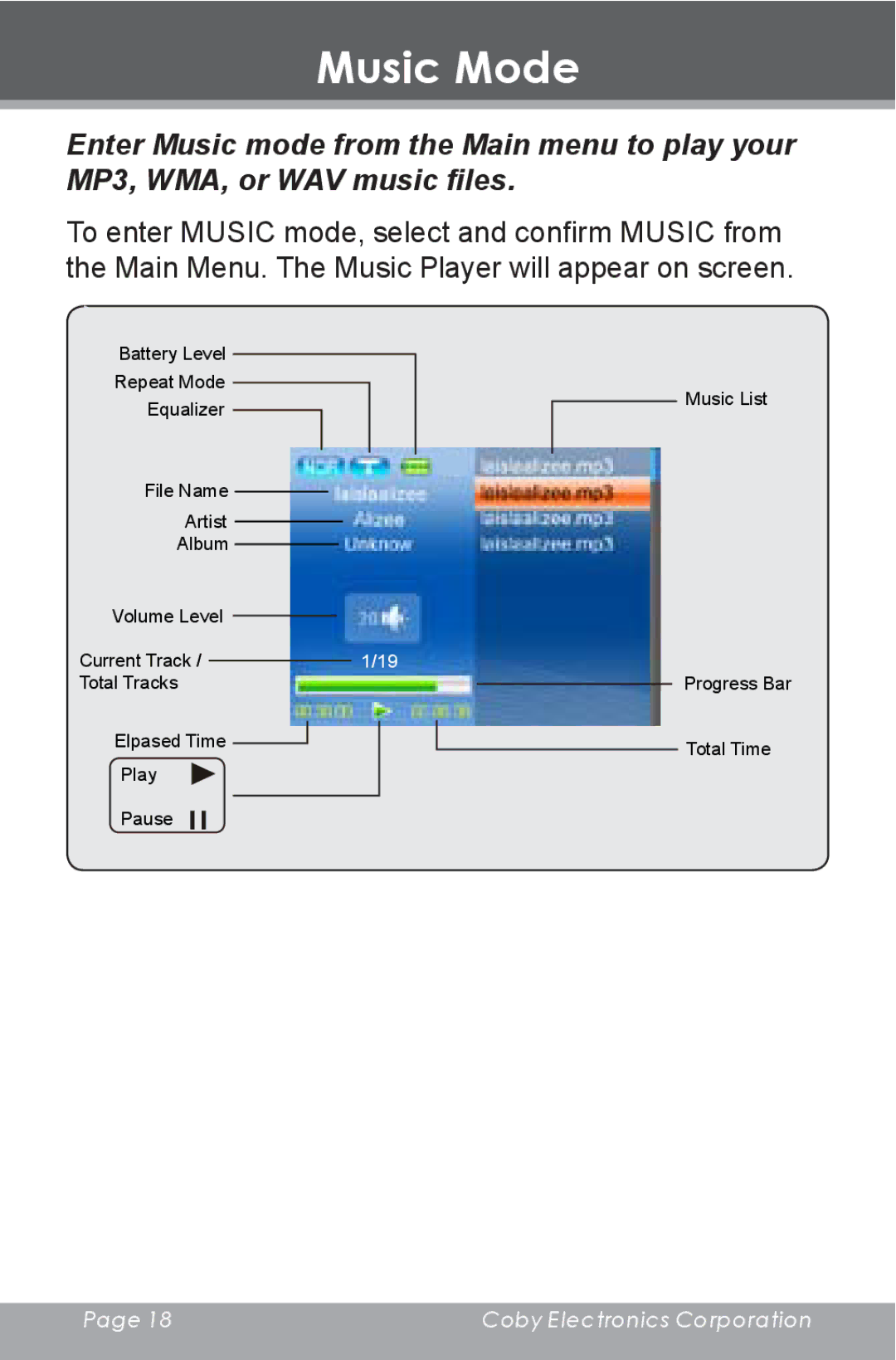 COBY electronic DP-240 instruction manual Music Mode 