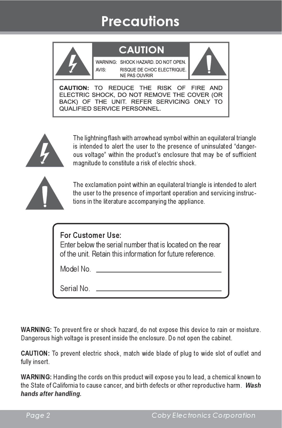 COBY electronic DP-240 instruction manual Precautions, For Customer Use 