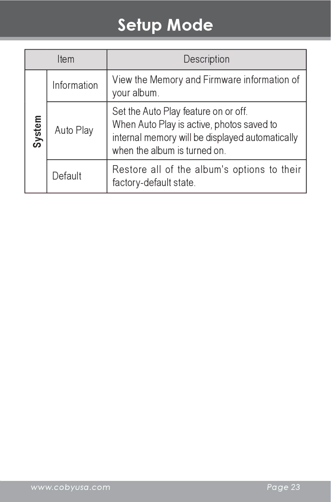 COBY electronic DP-240 instruction manual System 