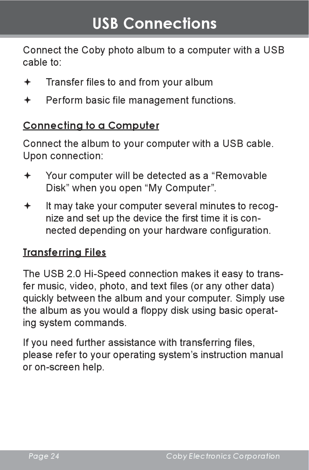 COBY electronic DP-240 instruction manual USB Connections, Connecting to a Computer 