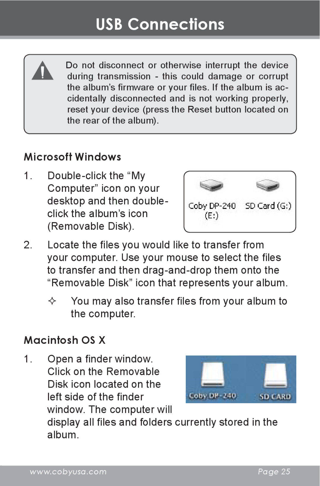 COBY electronic DP-240 instruction manual Microsoft Windows, Macintosh OS 