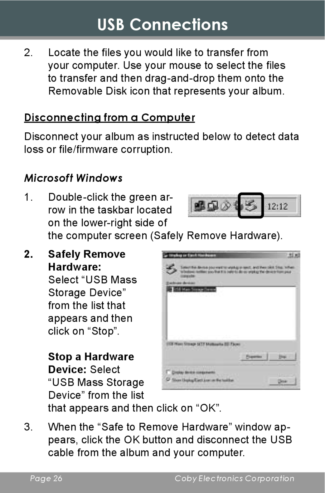 COBY electronic DP-240 instruction manual Disconnecting from a Computer, Microsoft Windows 