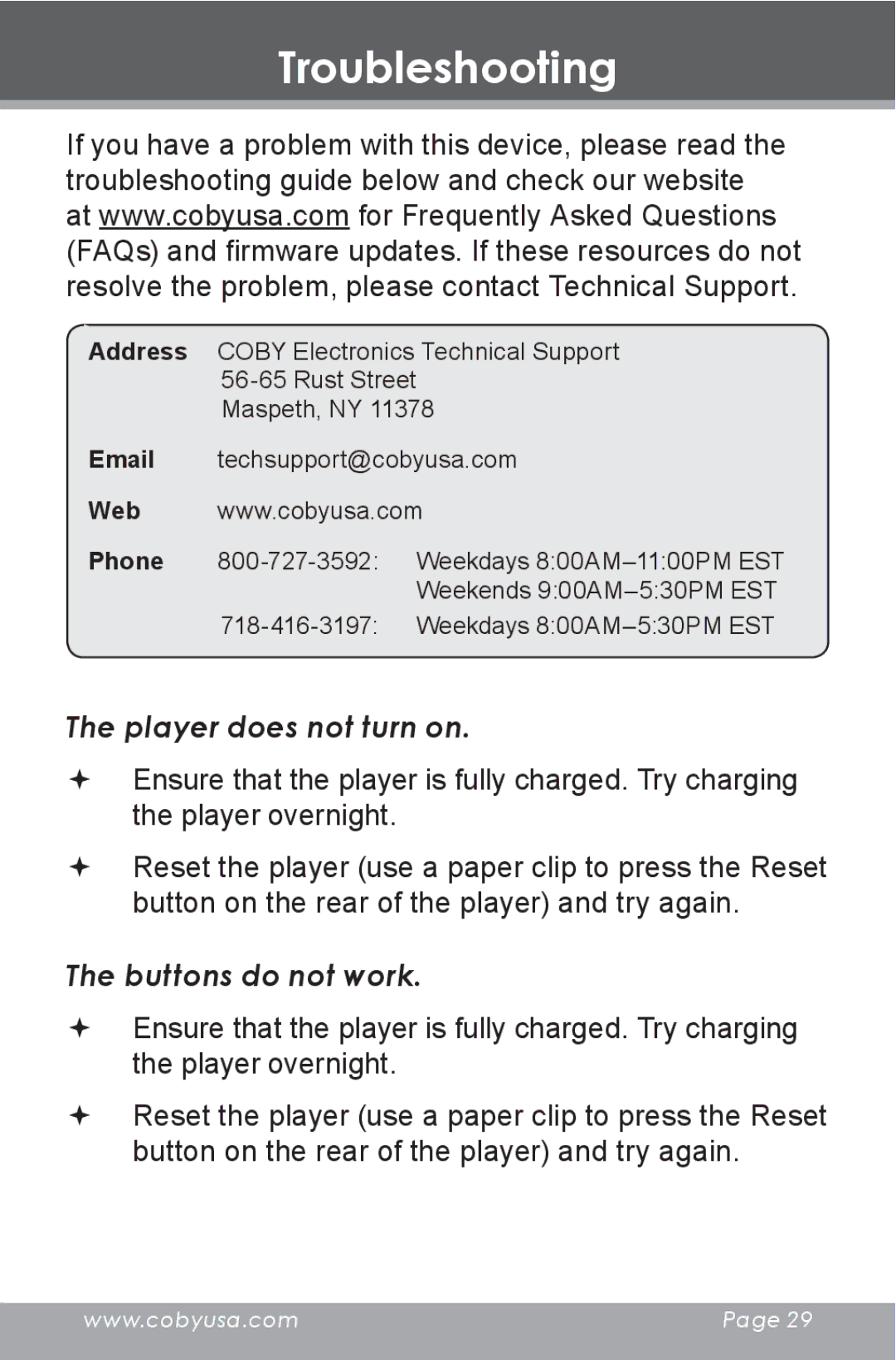 COBY electronic DP-240 instruction manual Troubleshooting, Player does not turn on, Buttons do not work 