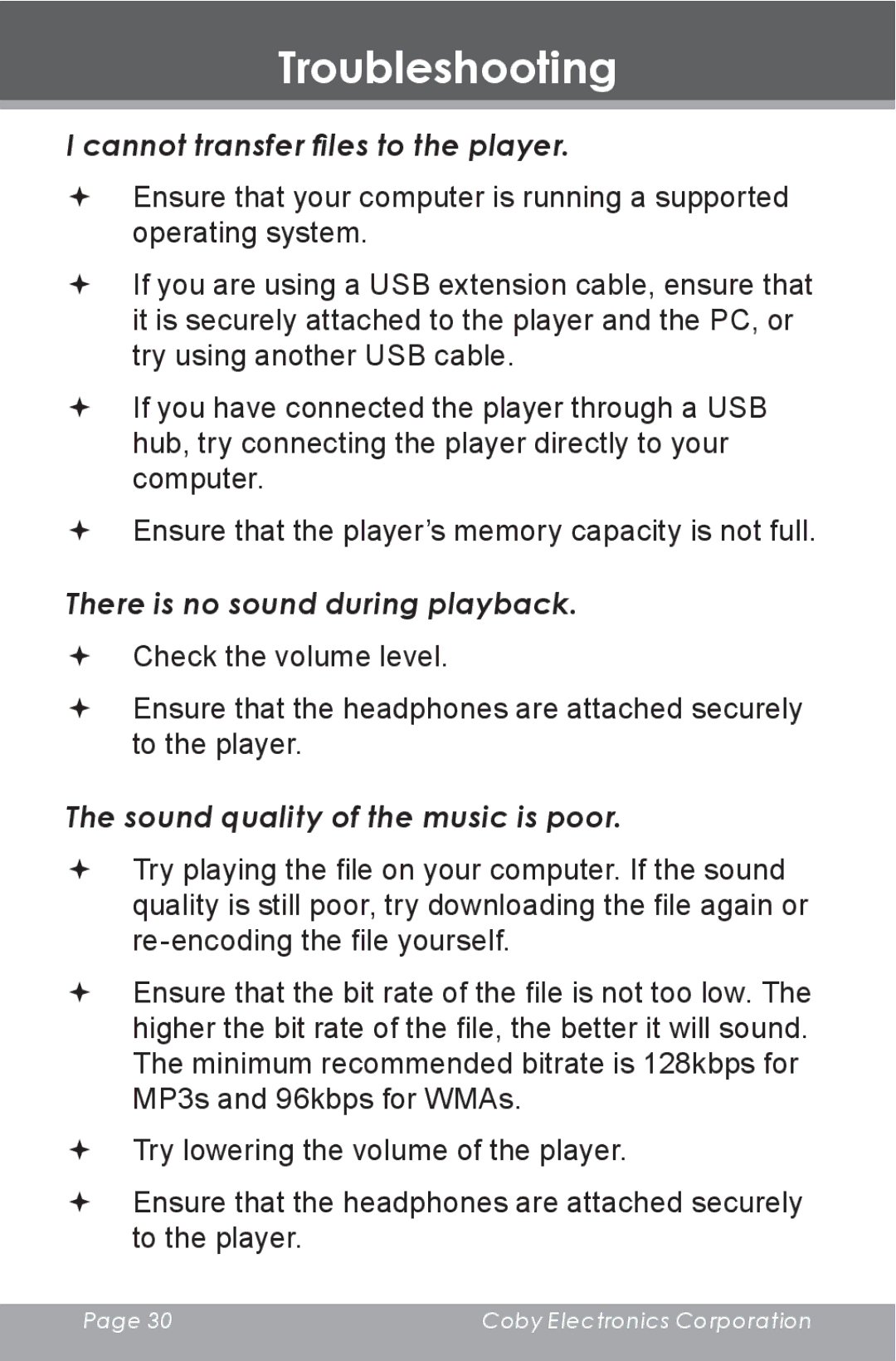 COBY electronic DP-240 instruction manual Cannot transfer files to the player, There is no sound during playback 