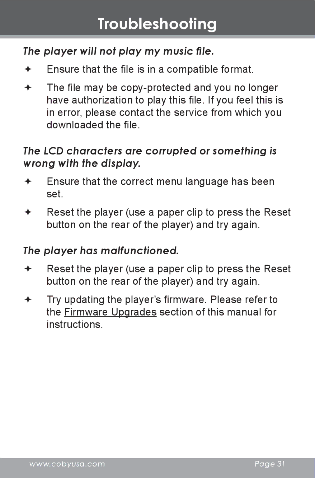 COBY electronic DP-240 instruction manual Player will not play my music file, Player has malfunctioned 