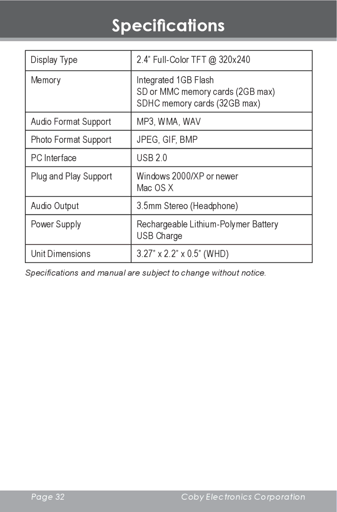 COBY electronic DP-240 instruction manual Specifications, Jpeg, Gif, Bmp 