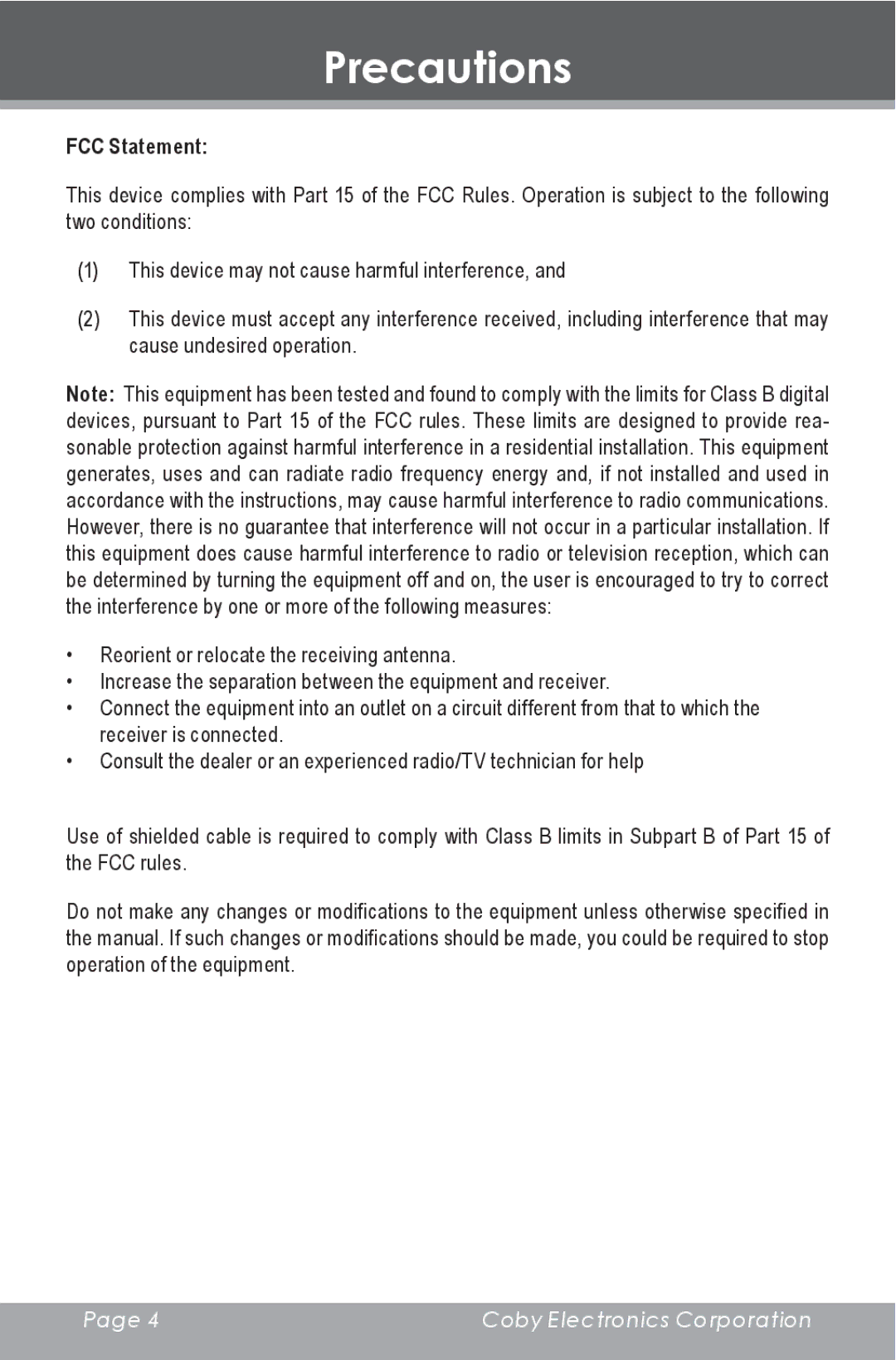 COBY electronic DP-240 instruction manual FCC Statement 