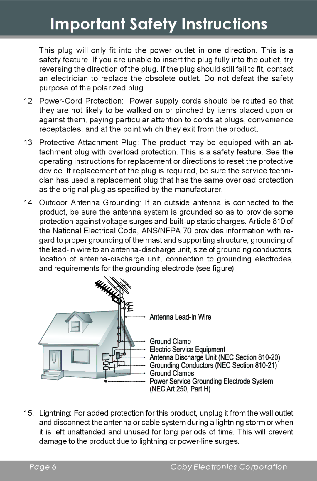 COBY electronic DP-240 instruction manual Important Safety Instructions 