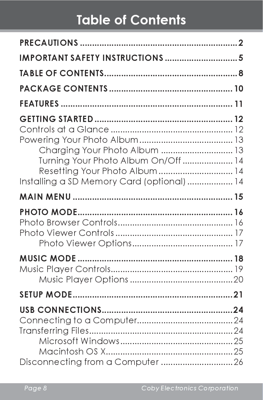 COBY electronic DP-240 instruction manual Table of Contents 