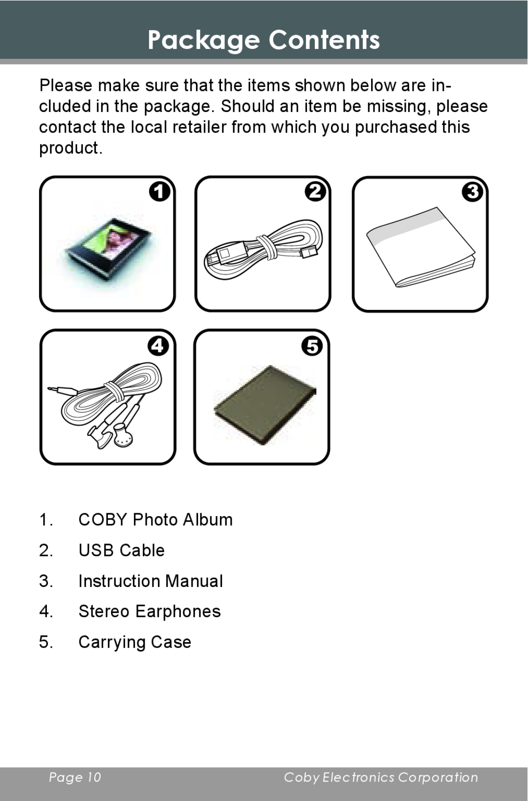 COBY electronic DP-240 instruction manual Package Contents, COBY Photo Album 2. USB Cable 3. Instruction Manual, Page 