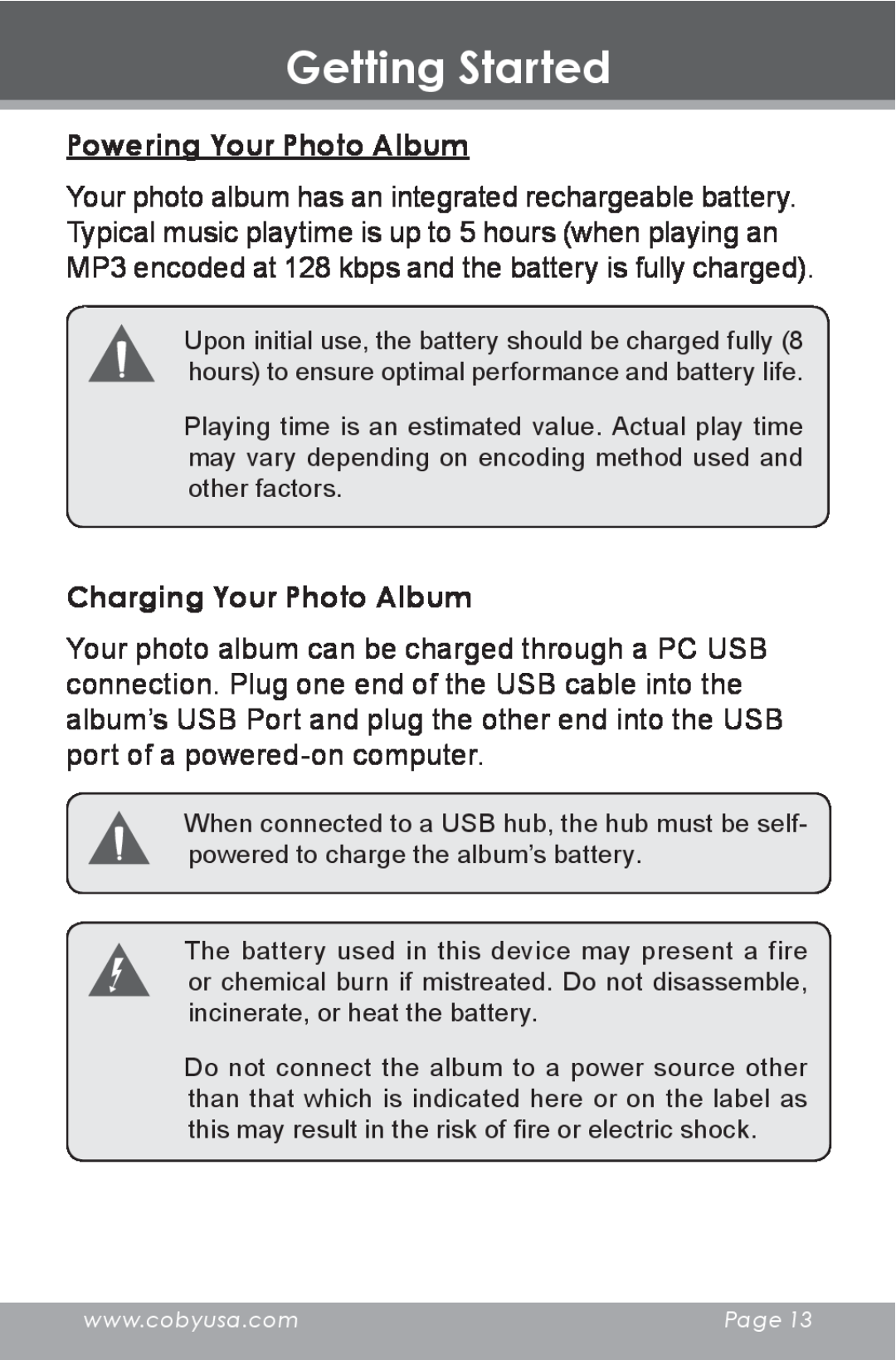 COBY electronic DP-240 instruction manual Getting Started, Powering Your Photo Album, Charging Your Photo Album 