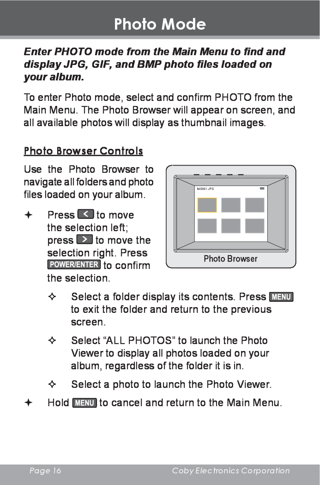 COBY electronic DP-240 instruction manual Photo Mode, Photo Browser Controls 