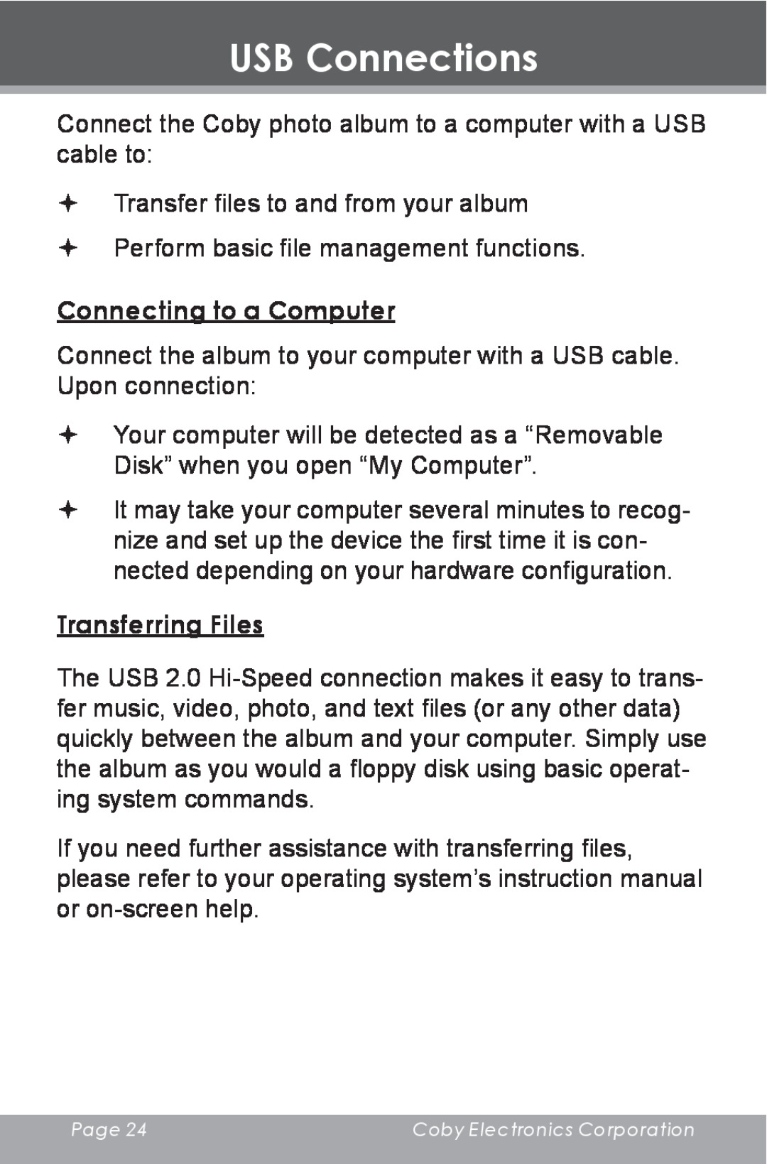 COBY electronic DP-240 instruction manual USB Connections, Connecting to a Computer, Transferring Files 