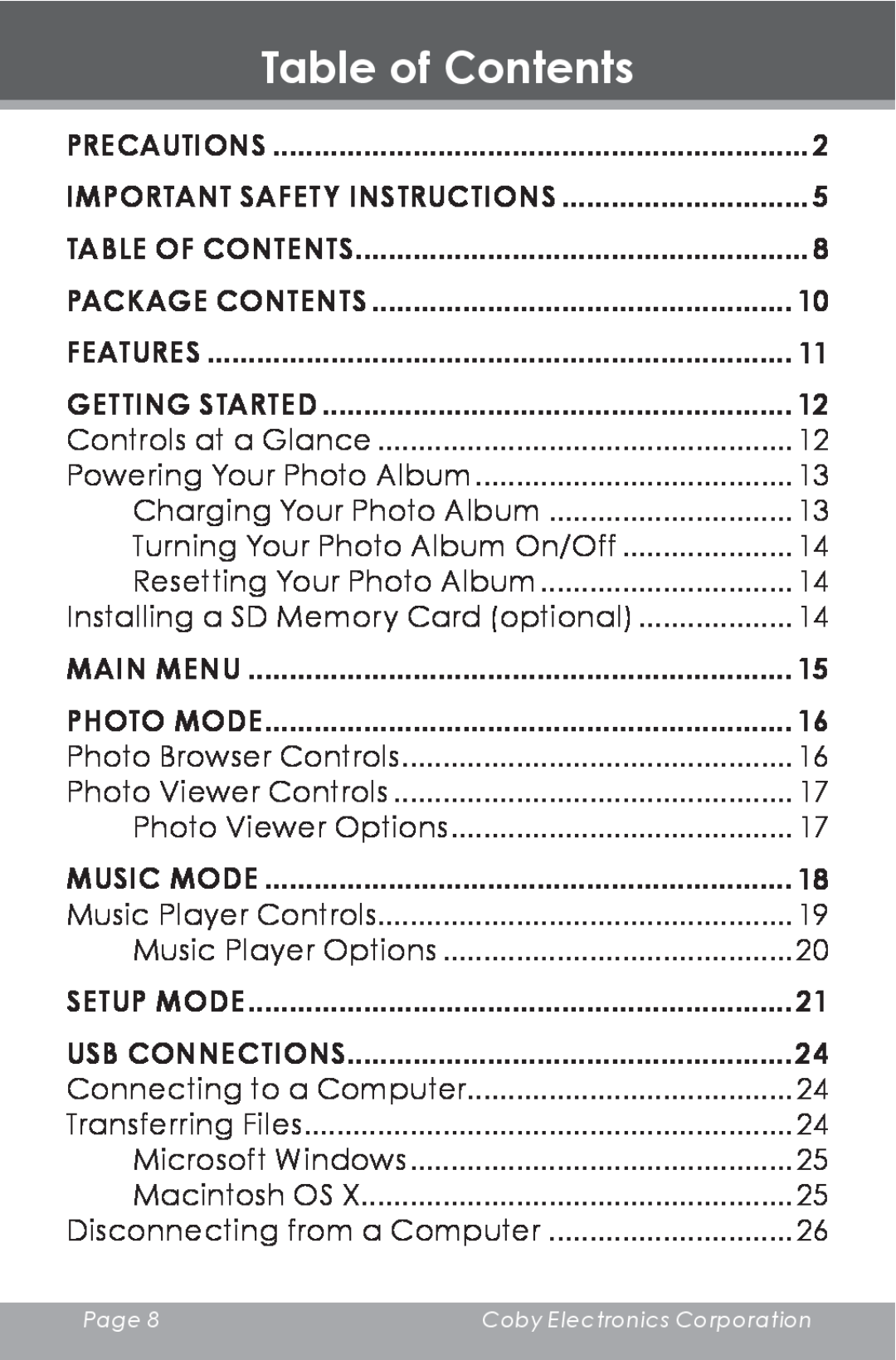 COBY electronic DP-240 instruction manual Table of Contents 