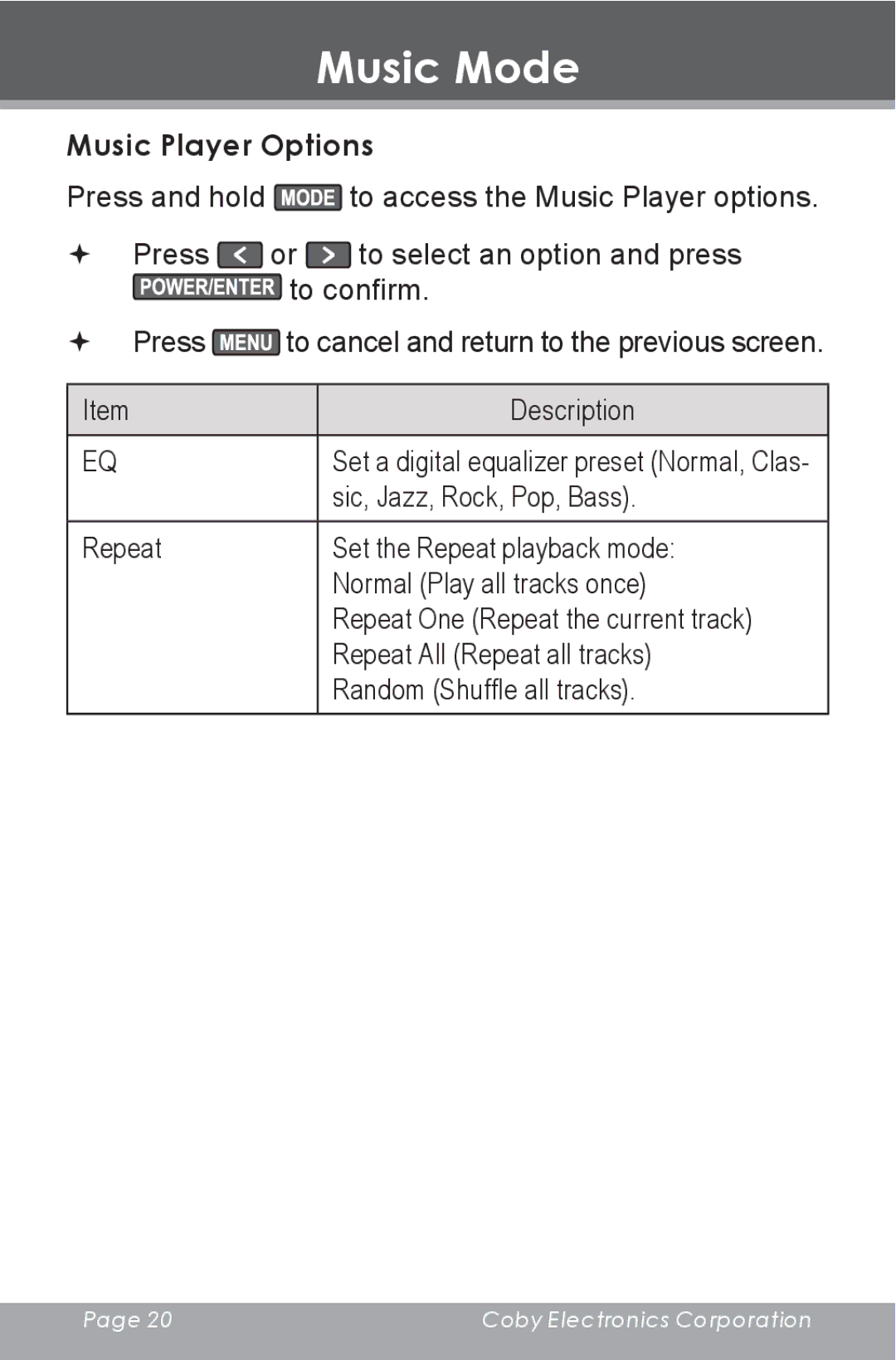 COBY electronic DP-350 instruction manual Music Player Options 