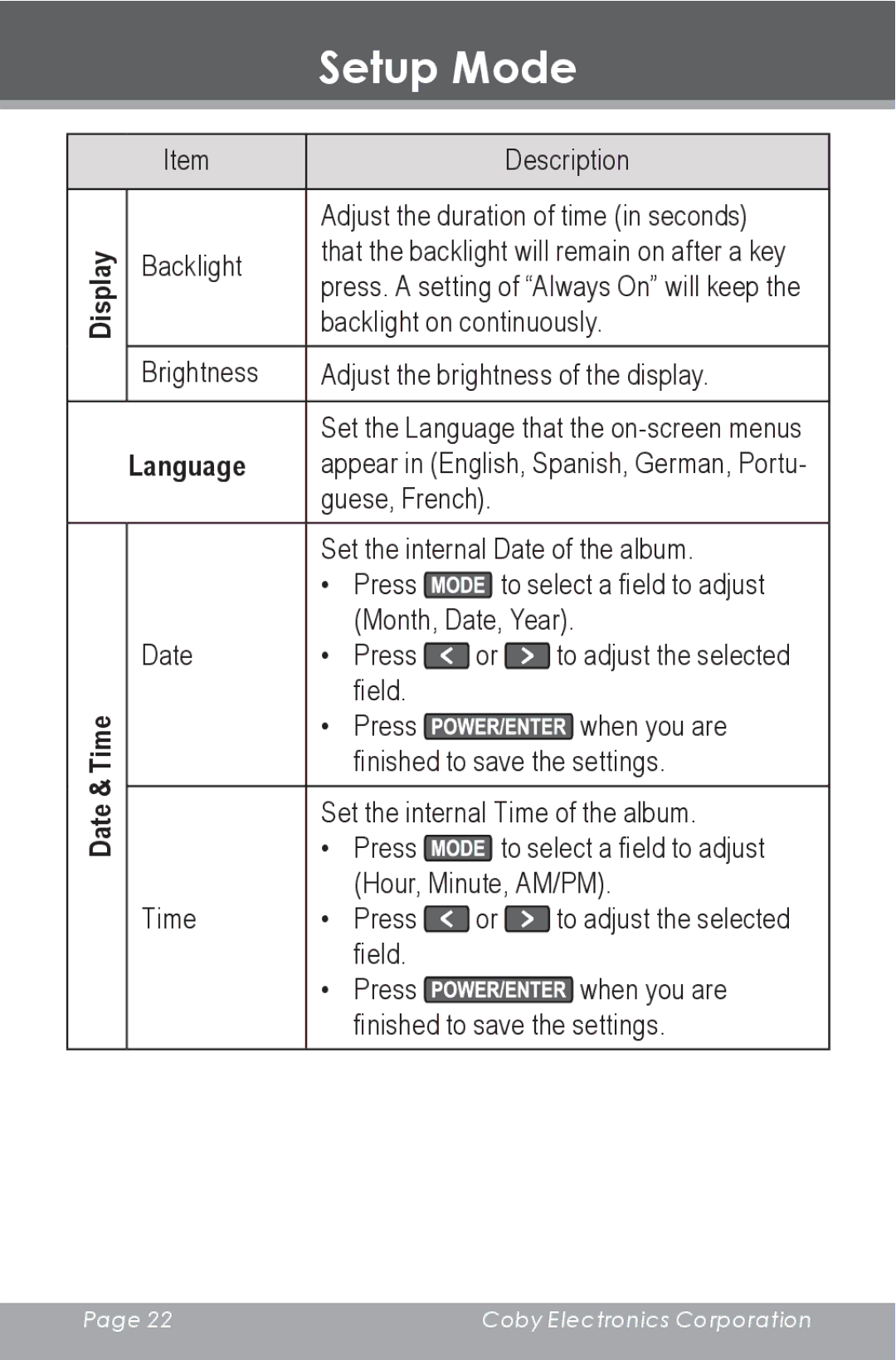 COBY electronic DP-350 instruction manual Display Date & Time 