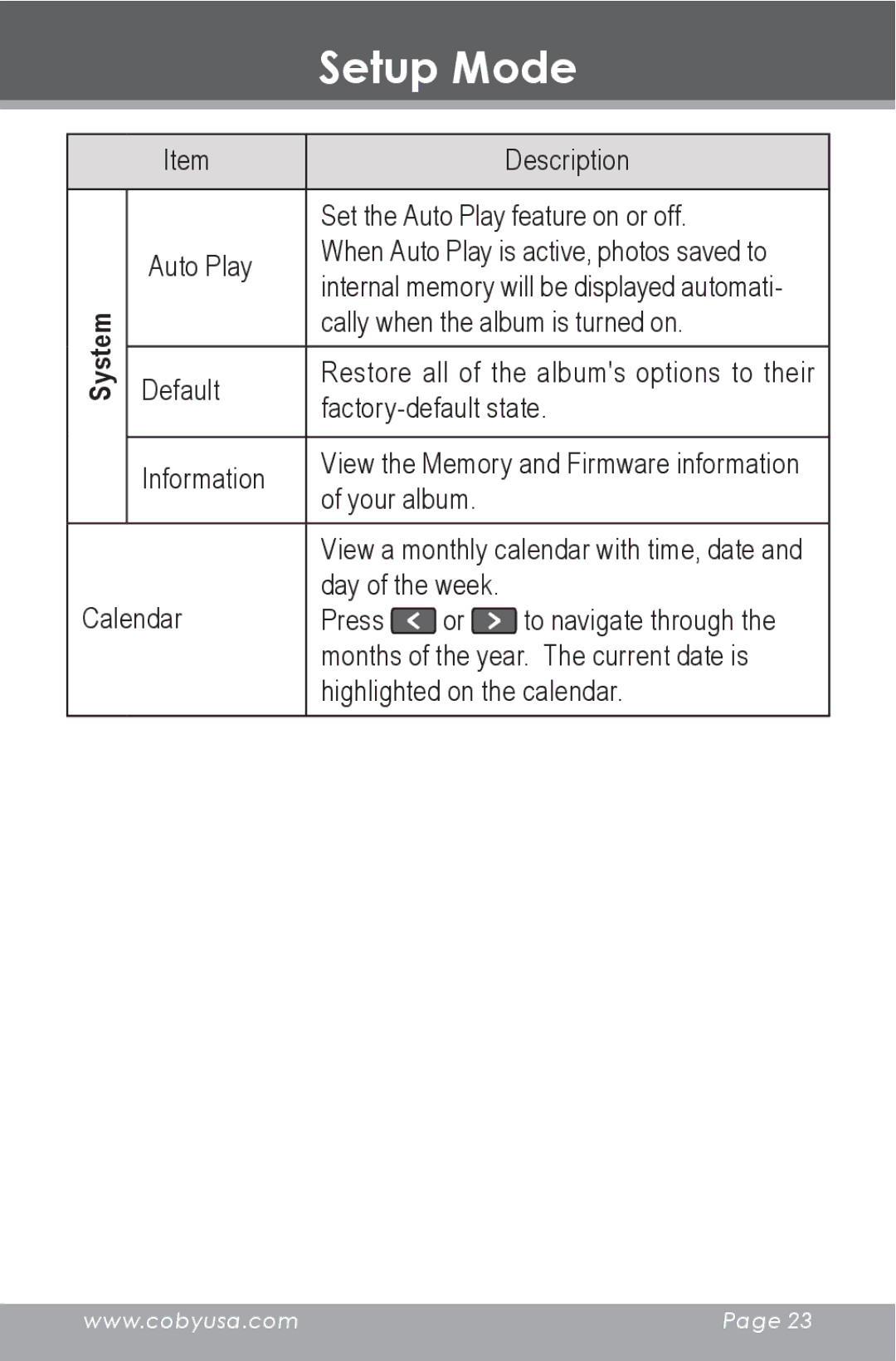 COBY electronic DP-350 instruction manual System 