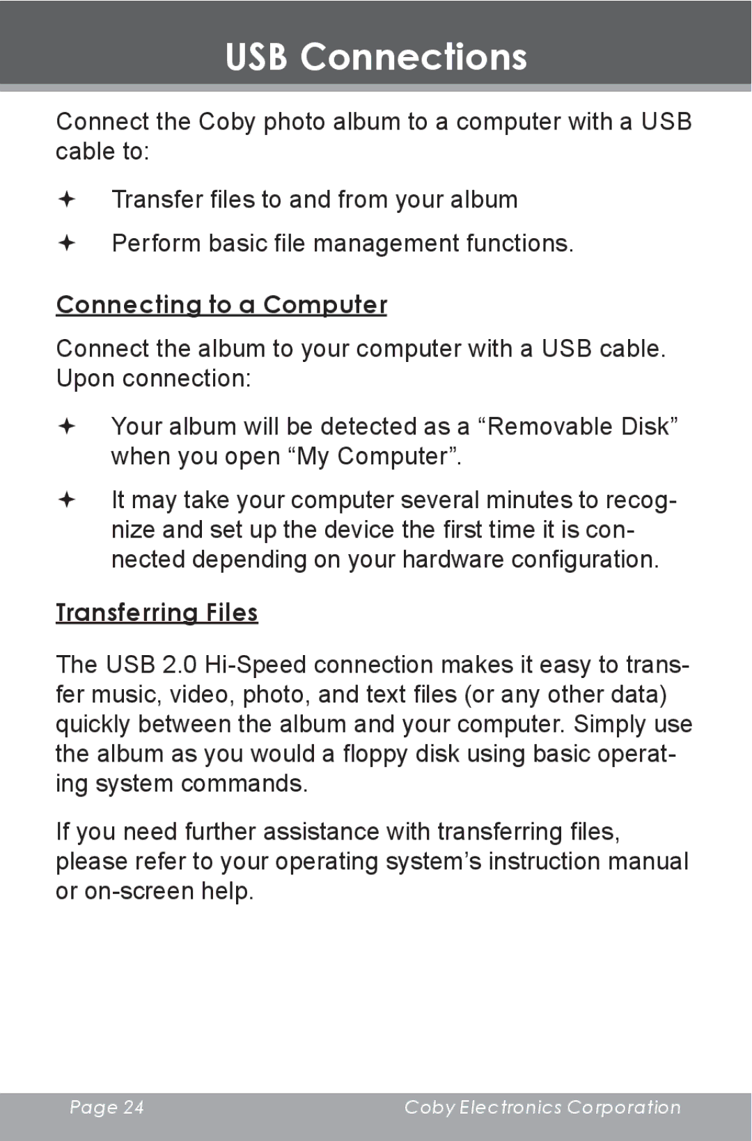 COBY electronic DP-350 instruction manual USB Connections, Connecting to a Computer, Transferring Files 