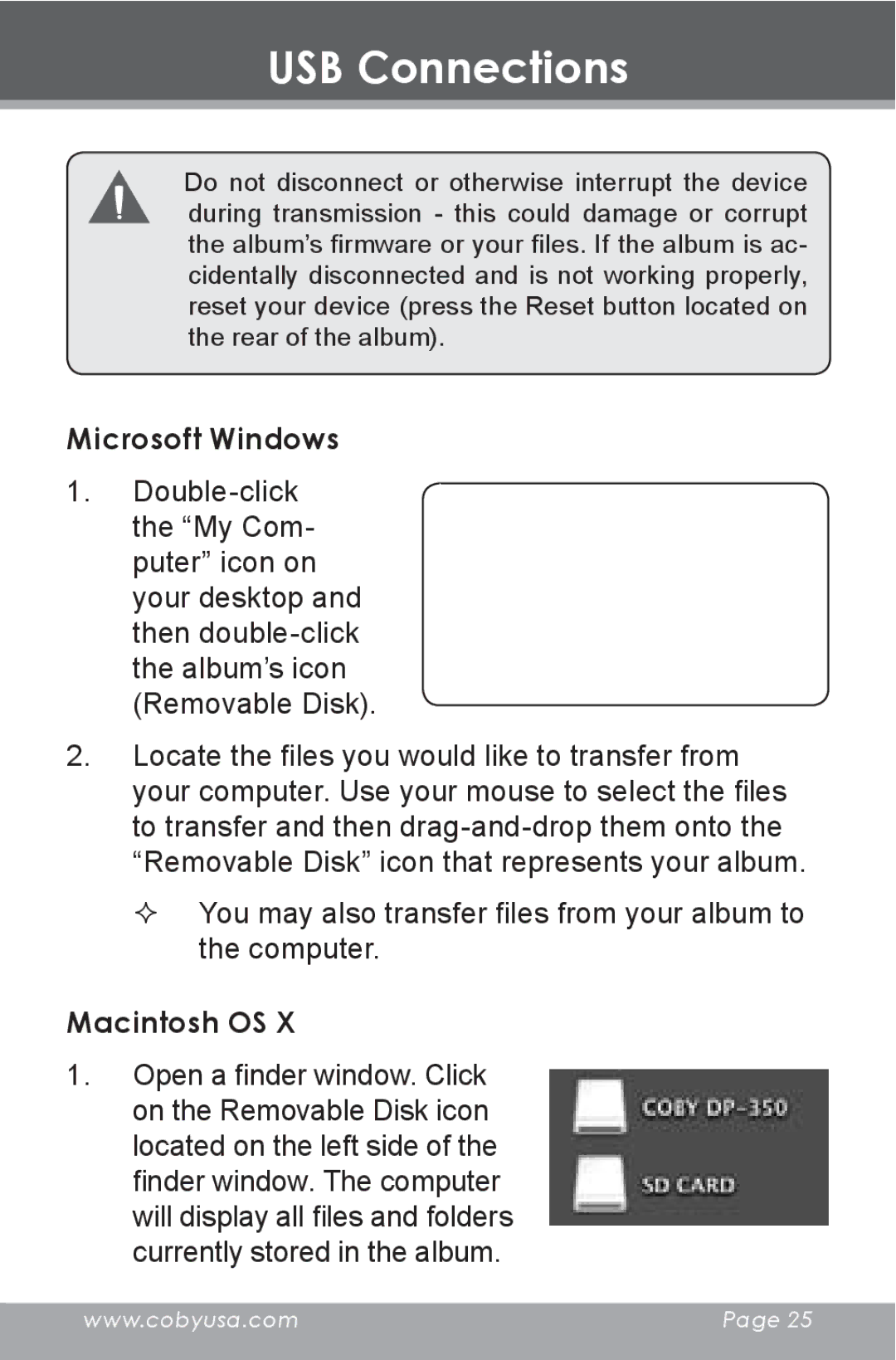 COBY electronic DP-350 instruction manual Microsoft Windows, Macintosh OS 