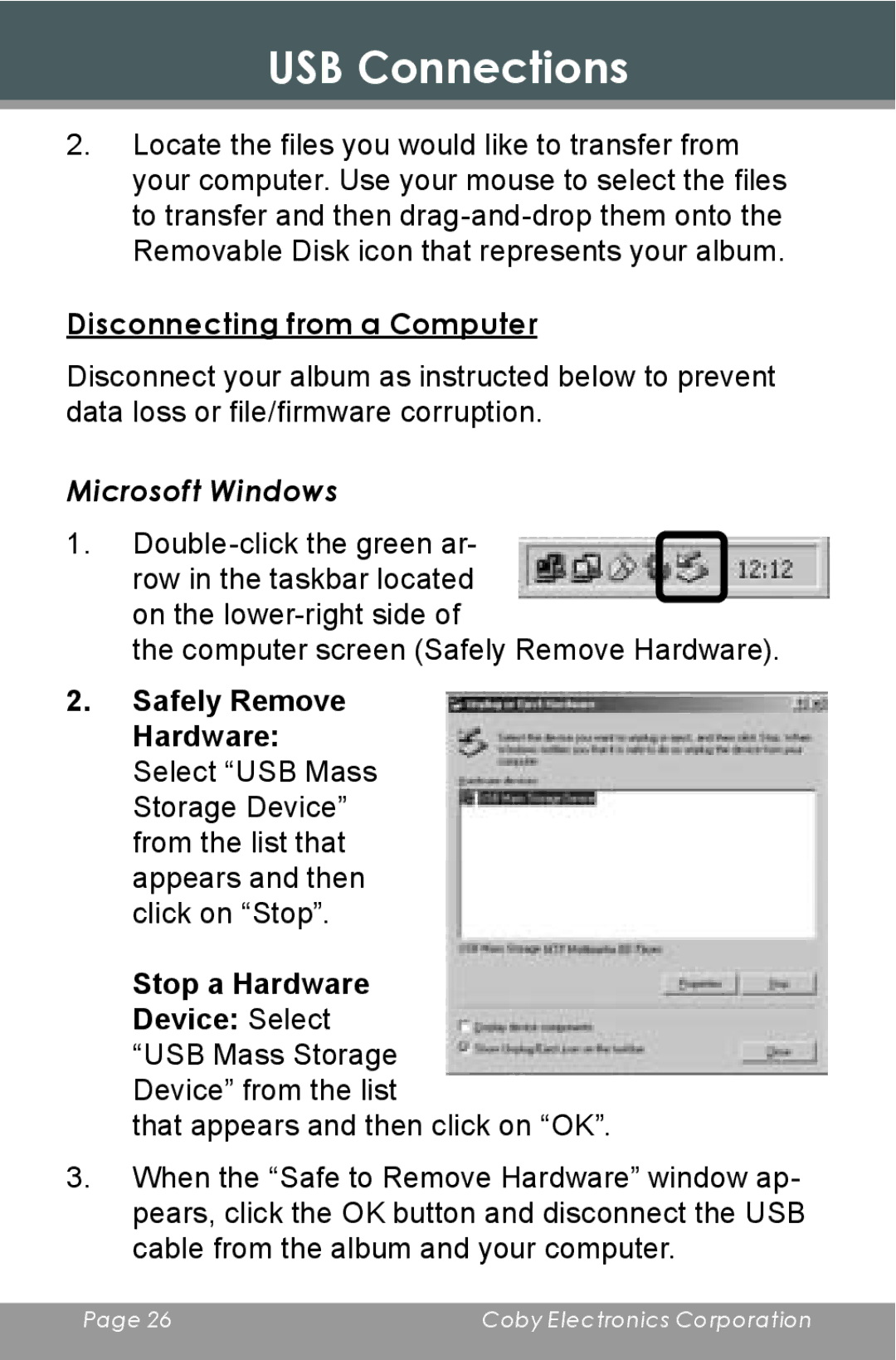 COBY electronic DP-350 instruction manual Disconnecting from a Computer, Microsoft Windows 