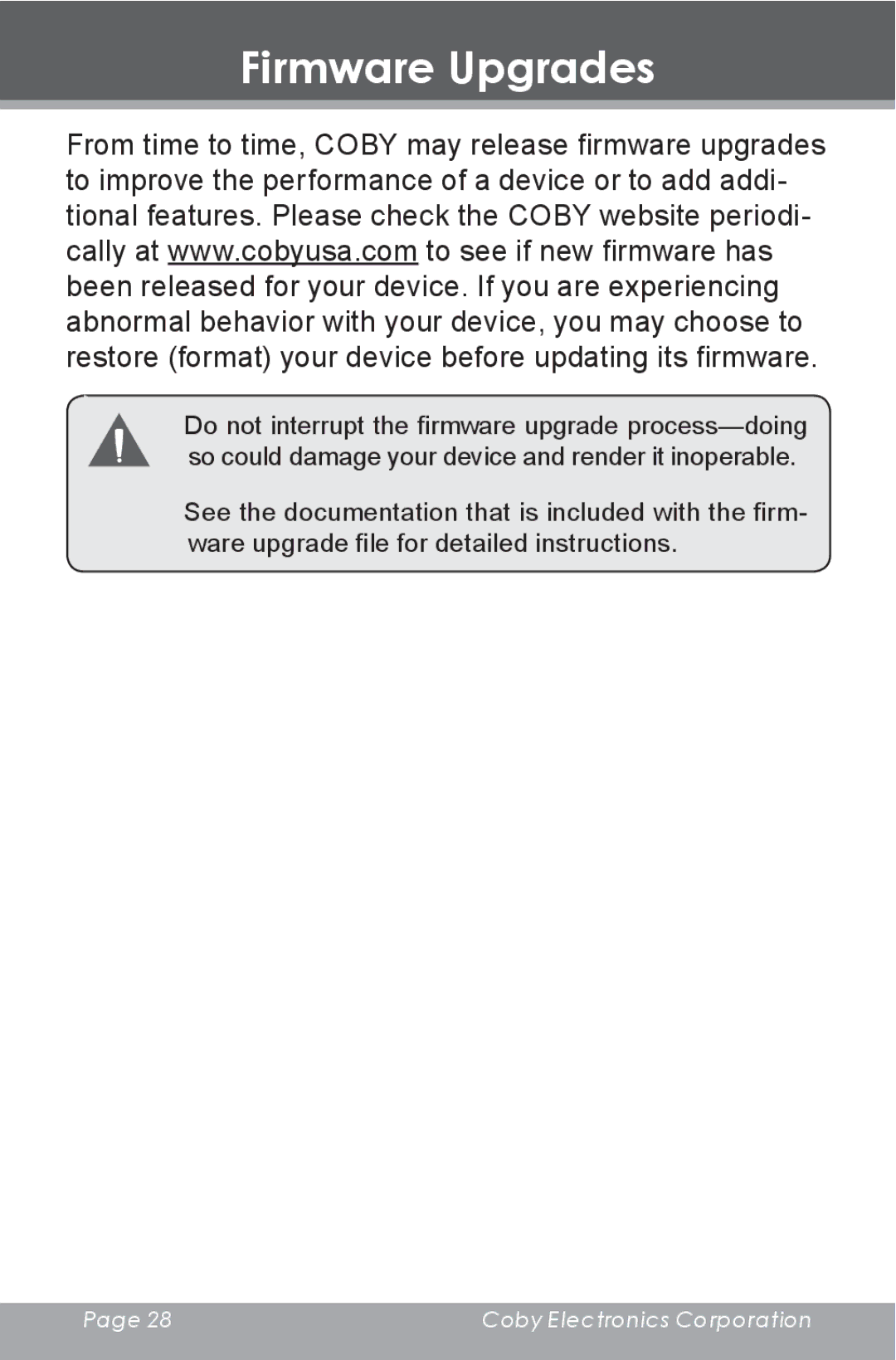 COBY electronic DP-350 instruction manual Firmware Upgrades 