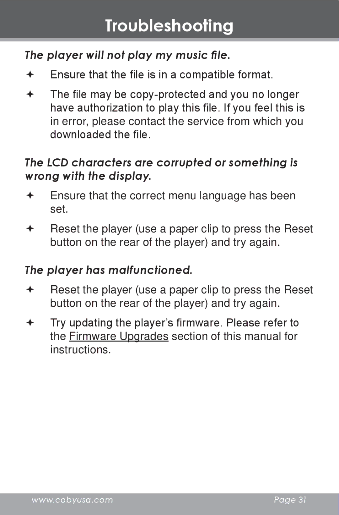 COBY electronic DP-350 instruction manual Player will not play my music file 