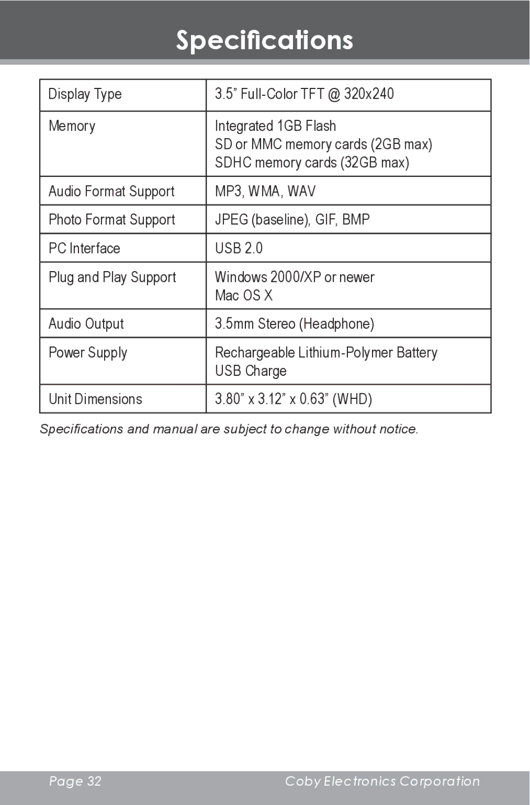 COBY electronic DP-350 instruction manual Specifications, MP3, WMA, WAV 