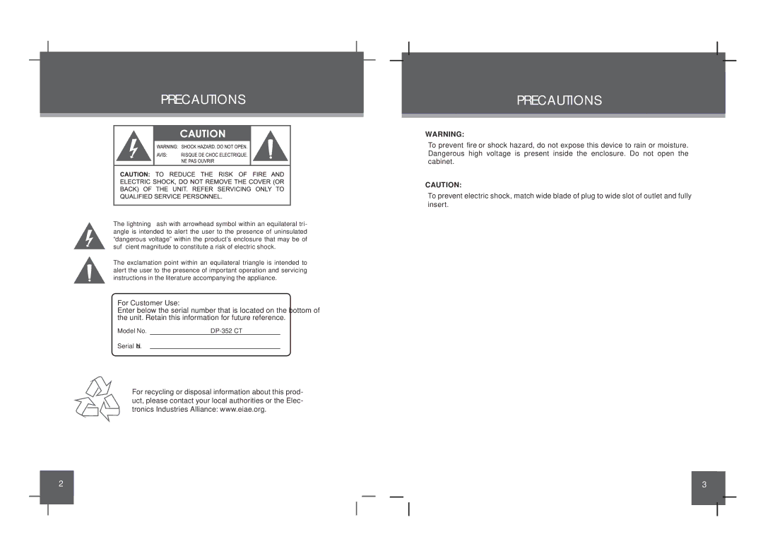 COBY electronic DP-352 CT instruction manual Precautions, For Customer Use 