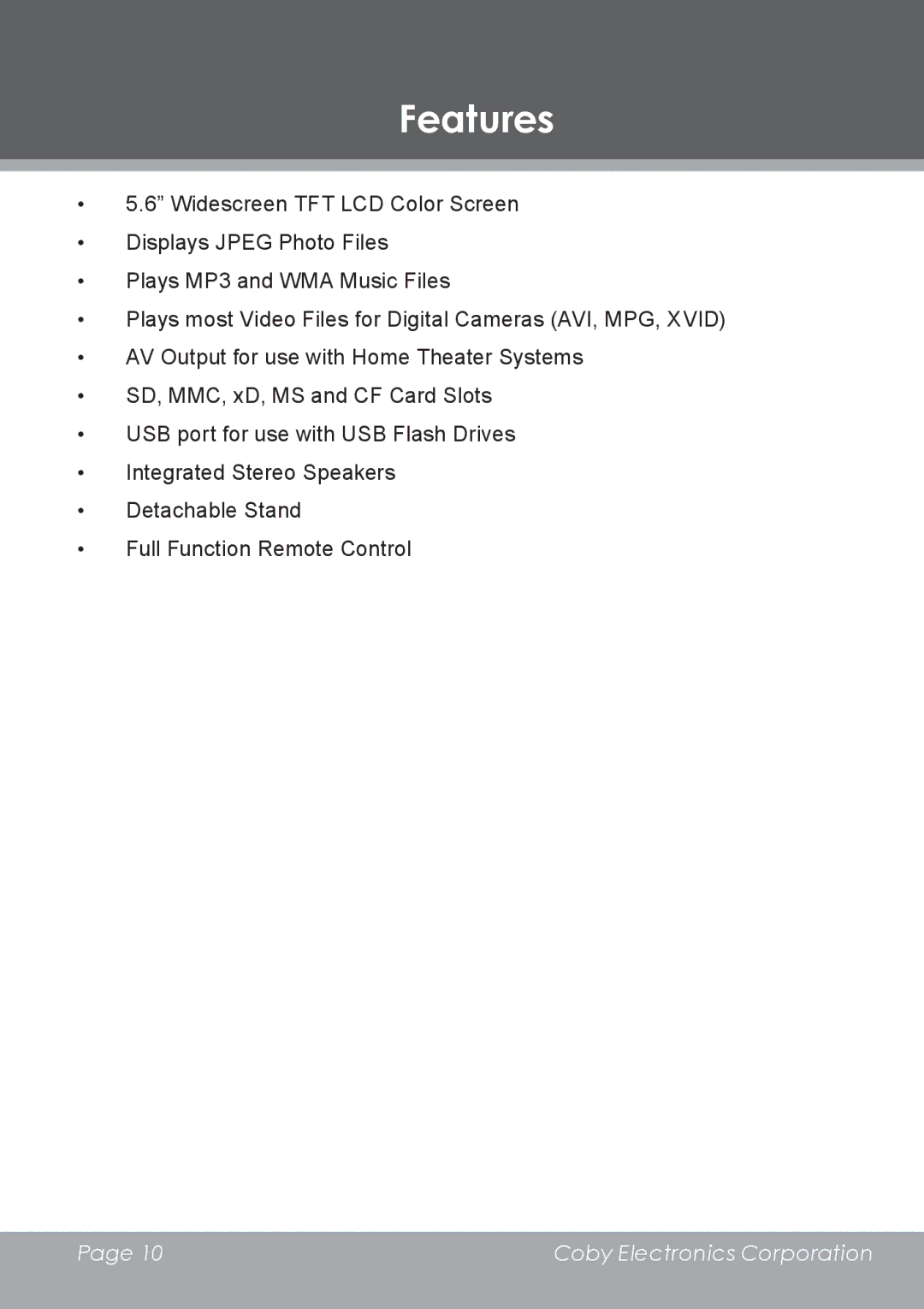 COBY electronic DP-5588 instruction manual Features 