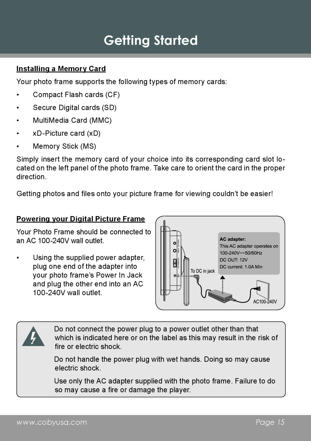 COBY electronic DP-5588 instruction manual Installing a Memory Card, Powering your Digital Picture Frame 