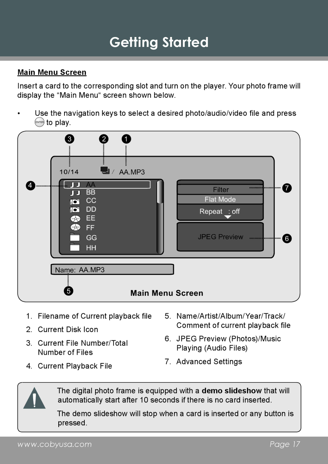 COBY electronic DP-5588 instruction manual Main Menu Screen 