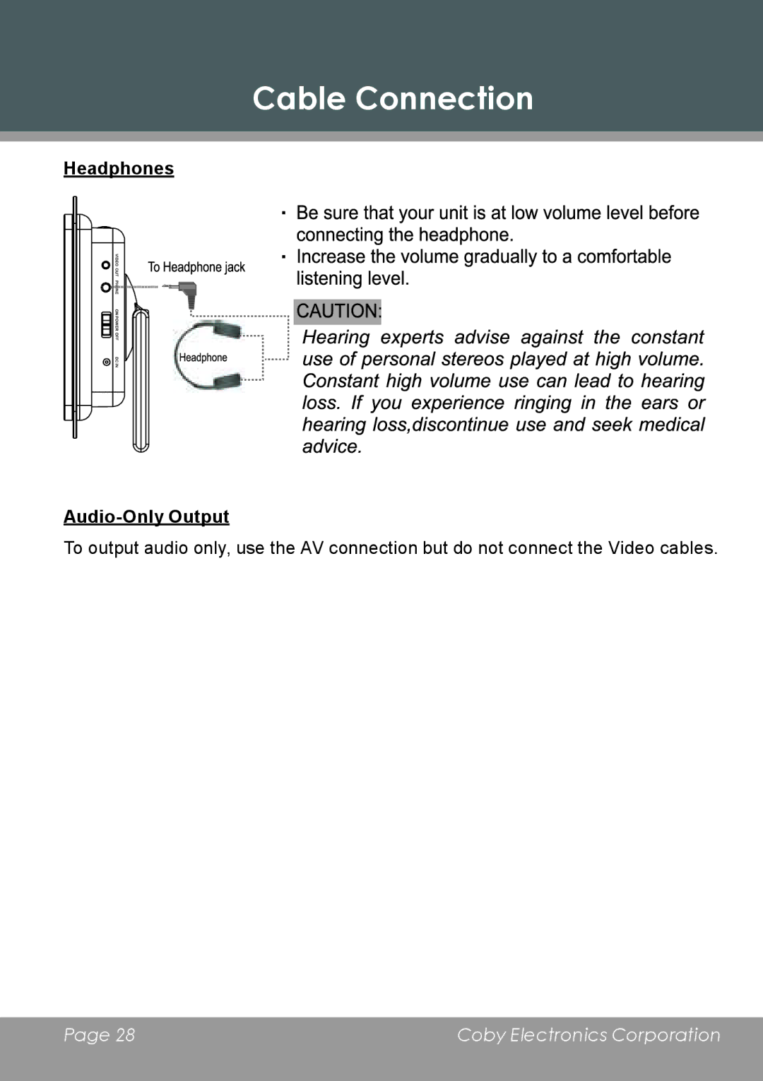 COBY electronic DP-5588 instruction manual Cable Connection, Headphones Audio-Only Output 