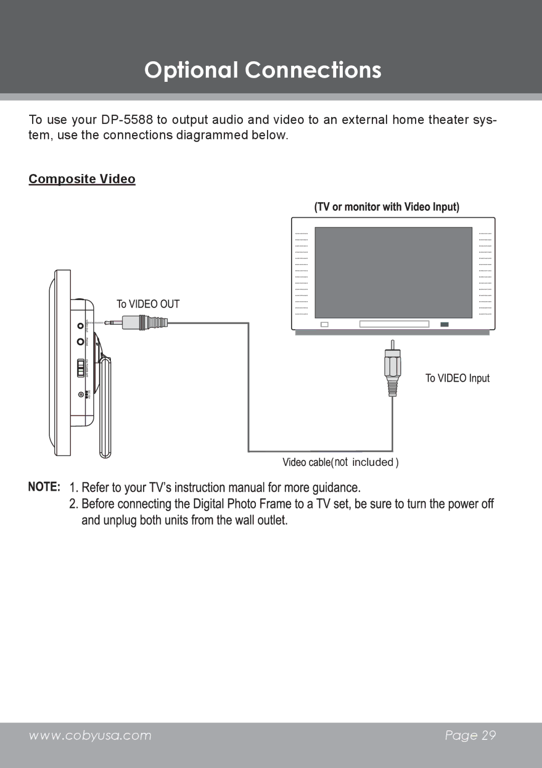 COBY electronic DP-5588 instruction manual Optional Connections, Composite Video 