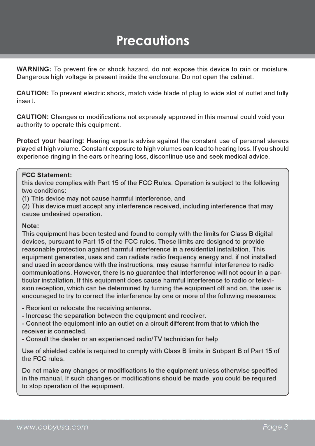 COBY electronic DP-5588 instruction manual FCC Statement 