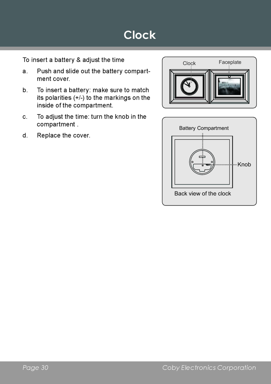 COBY electronic DP-5588 instruction manual Clock 