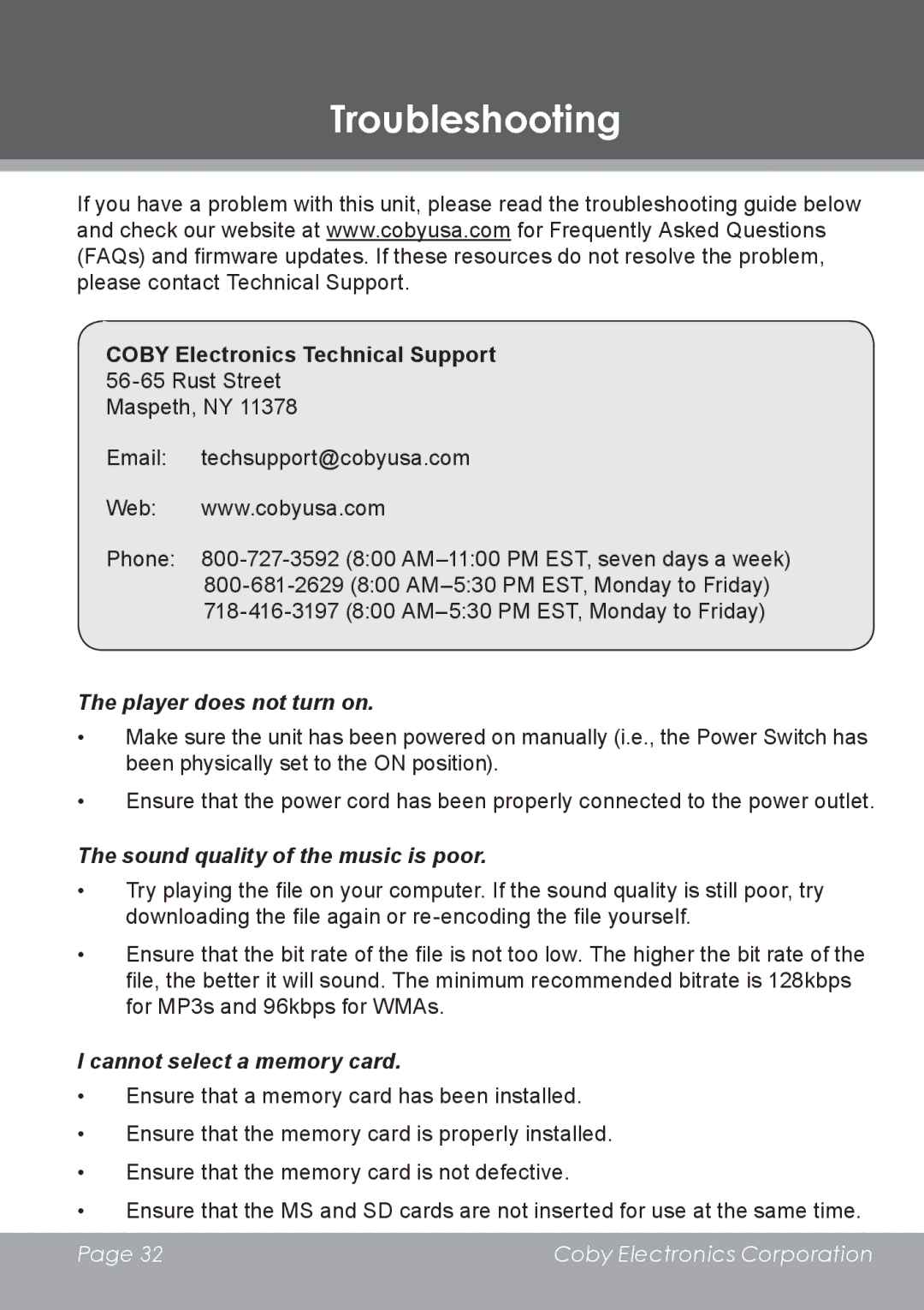 COBY electronic DP-5588 instruction manual Troubleshooting, Coby Electronics Technical Support 