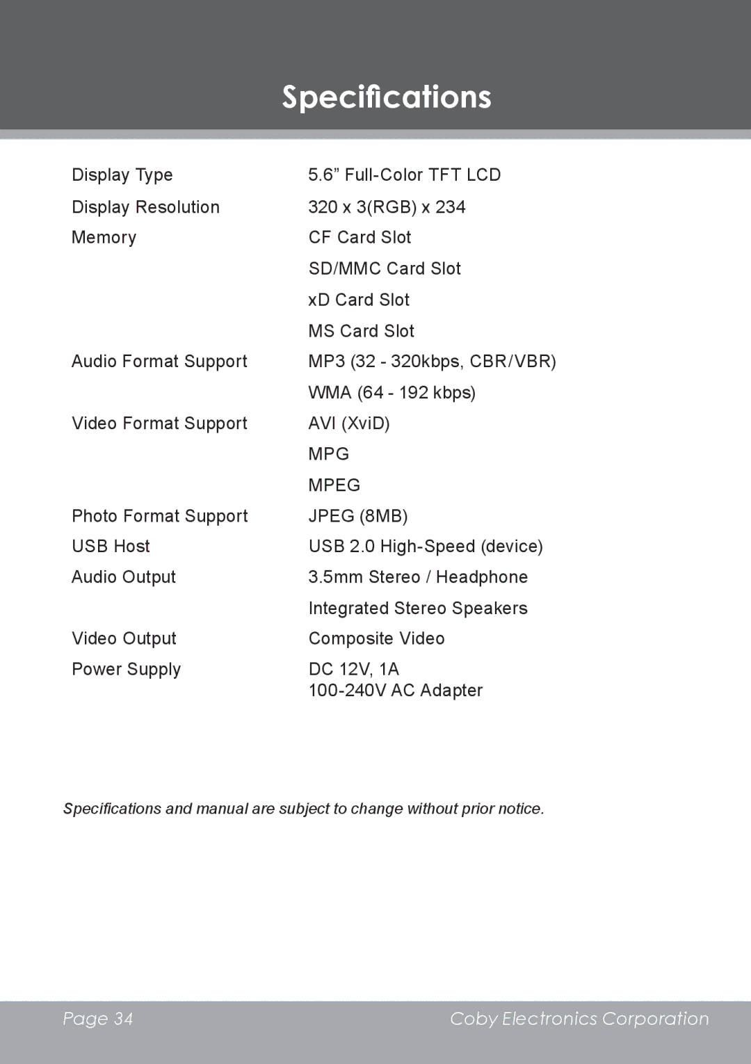 COBY electronic DP-5588 instruction manual Specifications, Jpeg 8MB 