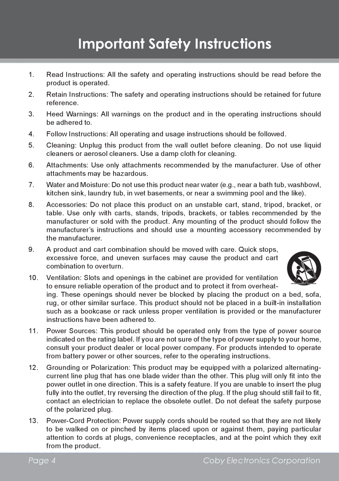 COBY electronic DP-5588 instruction manual Important Safety Instructions 