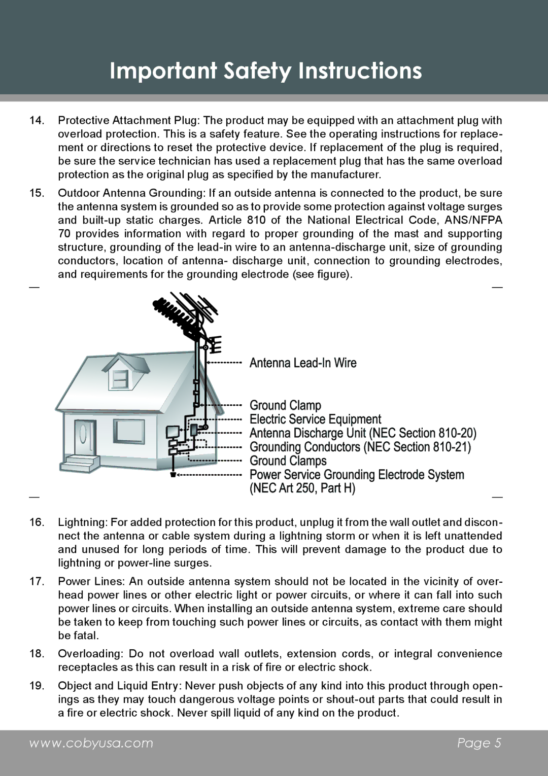 COBY electronic DP-5588 instruction manual Important Safety Instructions 