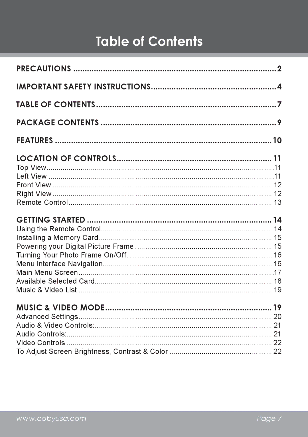 COBY electronic DP-5588 instruction manual Table of Contents 