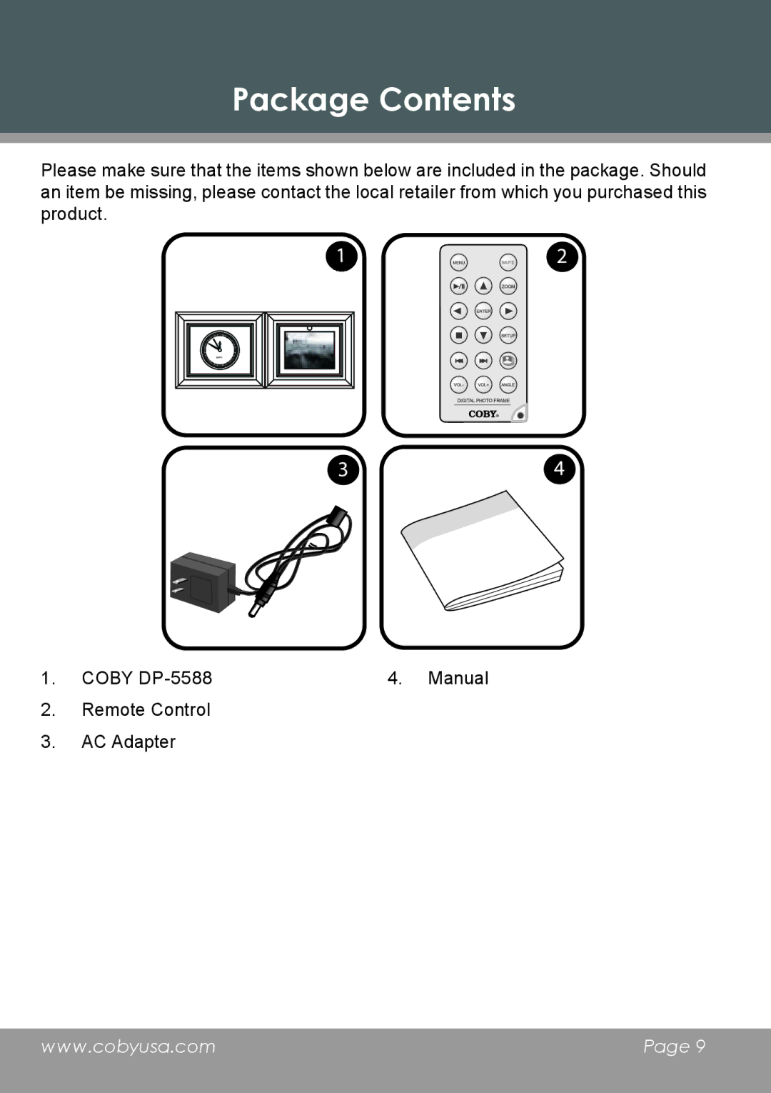 COBY electronic DP-5588 instruction manual Package Contents 