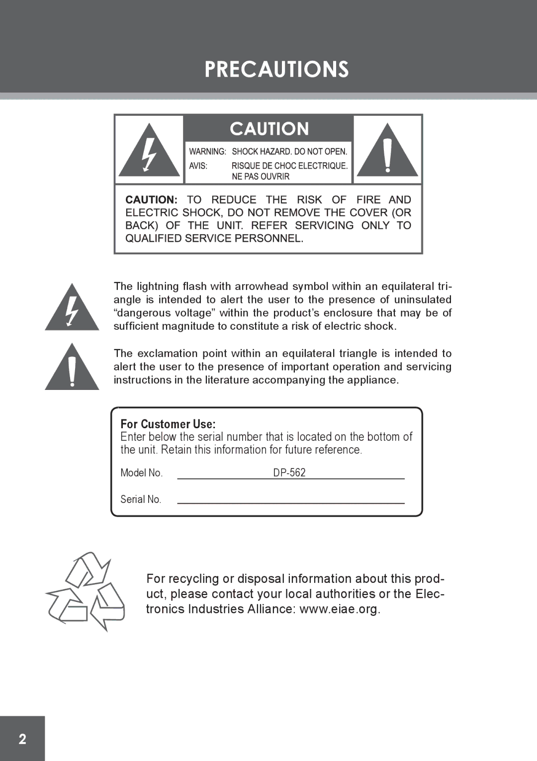 COBY electronic DP-562 instruction manual Precautions, For Customer Use 