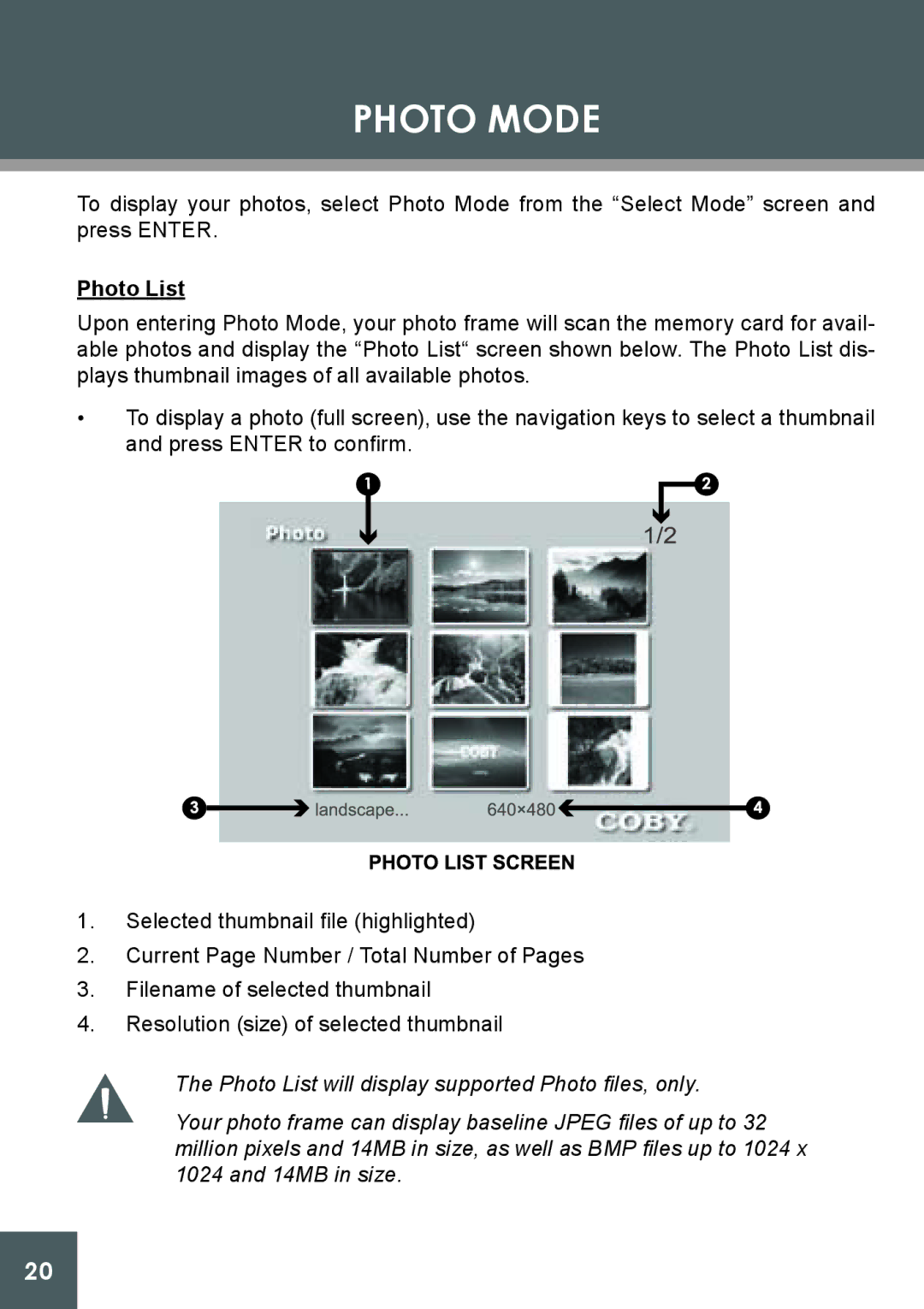 COBY electronic DP-562 instruction manual Photo Mode, Photo List 