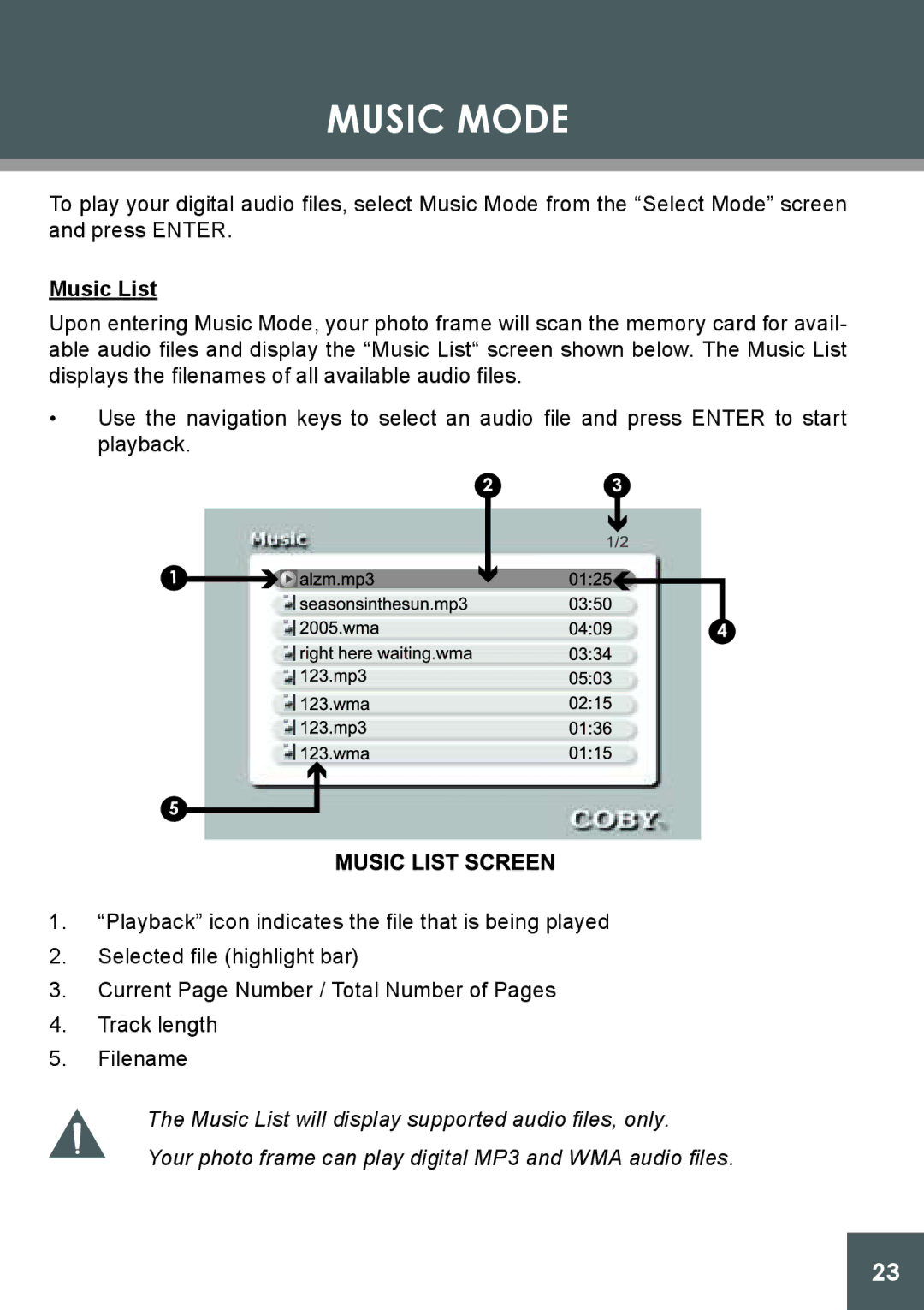 COBY electronic DP-562 instruction manual Music Mode, Music List 