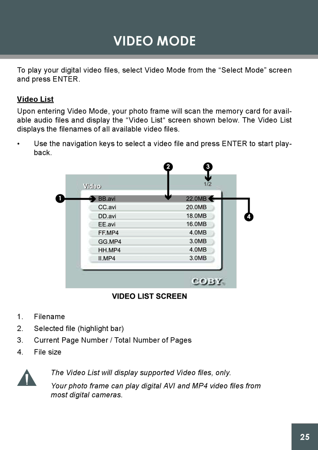 COBY electronic DP-562 instruction manual Video Mode, Video List 