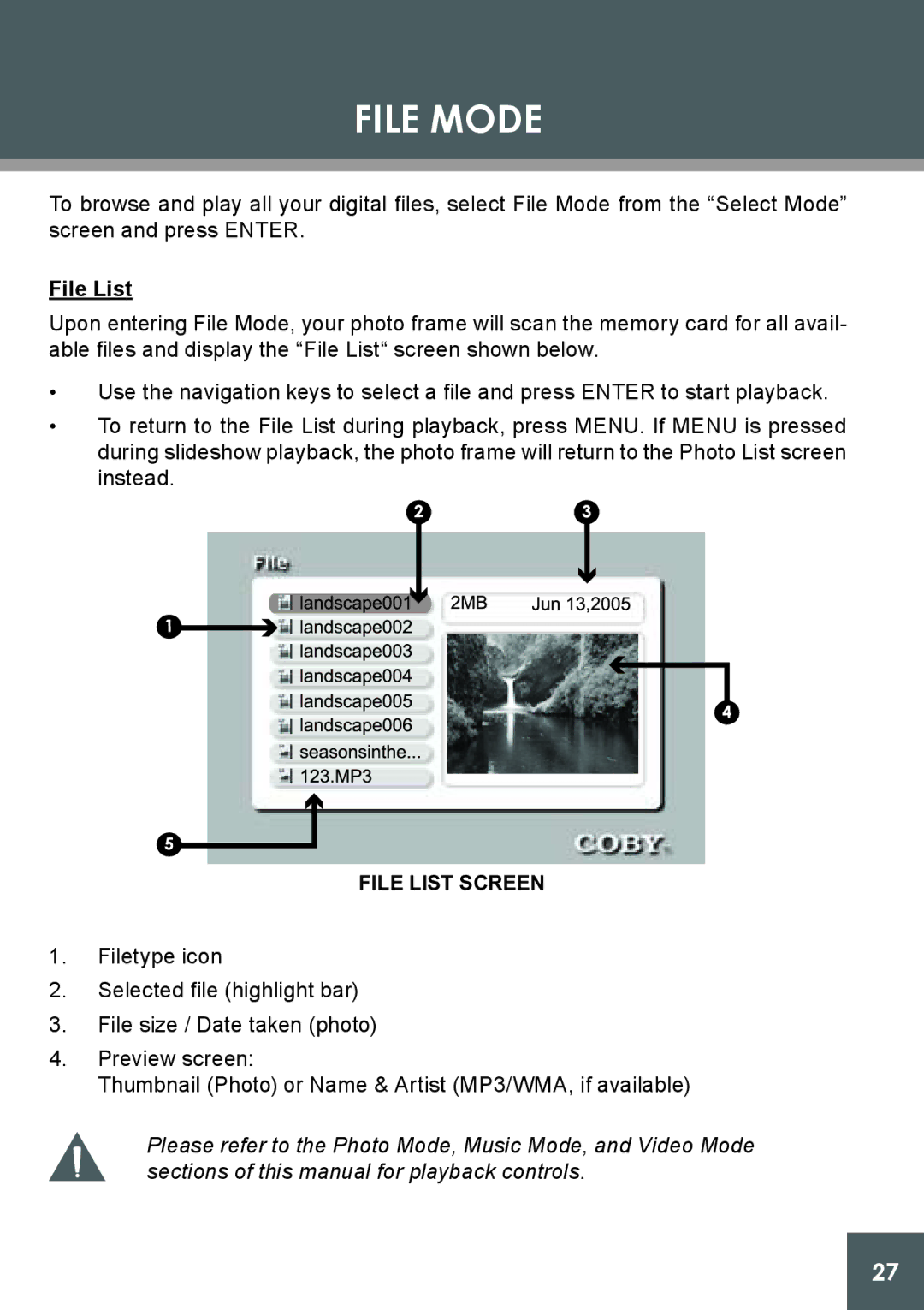 COBY electronic DP-562 instruction manual File Mode, File List 