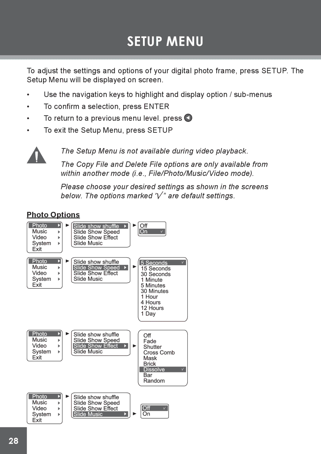 COBY electronic DP-562 instruction manual Setup Menu, Photo Options 